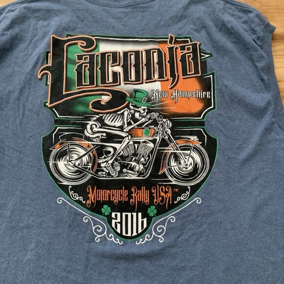 Laconia N.H. Motorcycle Rally 2016 Skeleton Biker Ringer Tshirt Size 4XL Blue - Picture 1 of 8